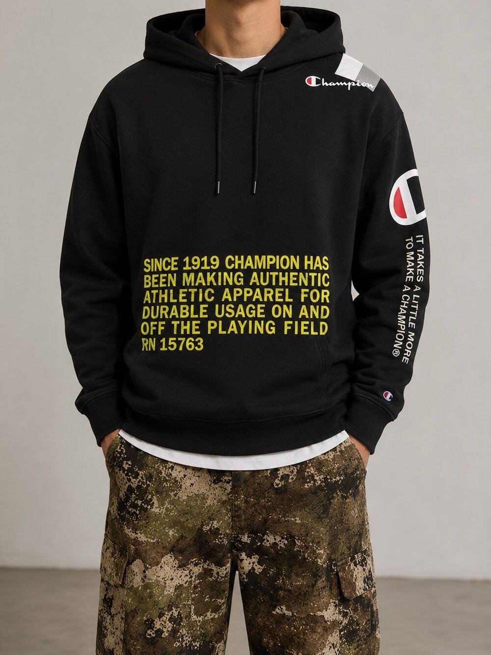 Champion Hooded Sweatshirt All Over Print Hoodie Mens Large
